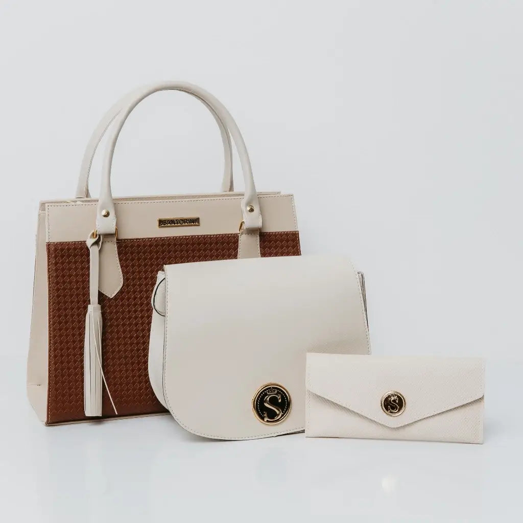 Kit-de-Bolsas-e-Carteira-Femininas-Santorini-Lara-Creme-com-Marrom--Conjunto-Versátil-com-Cores-Equilibradas
