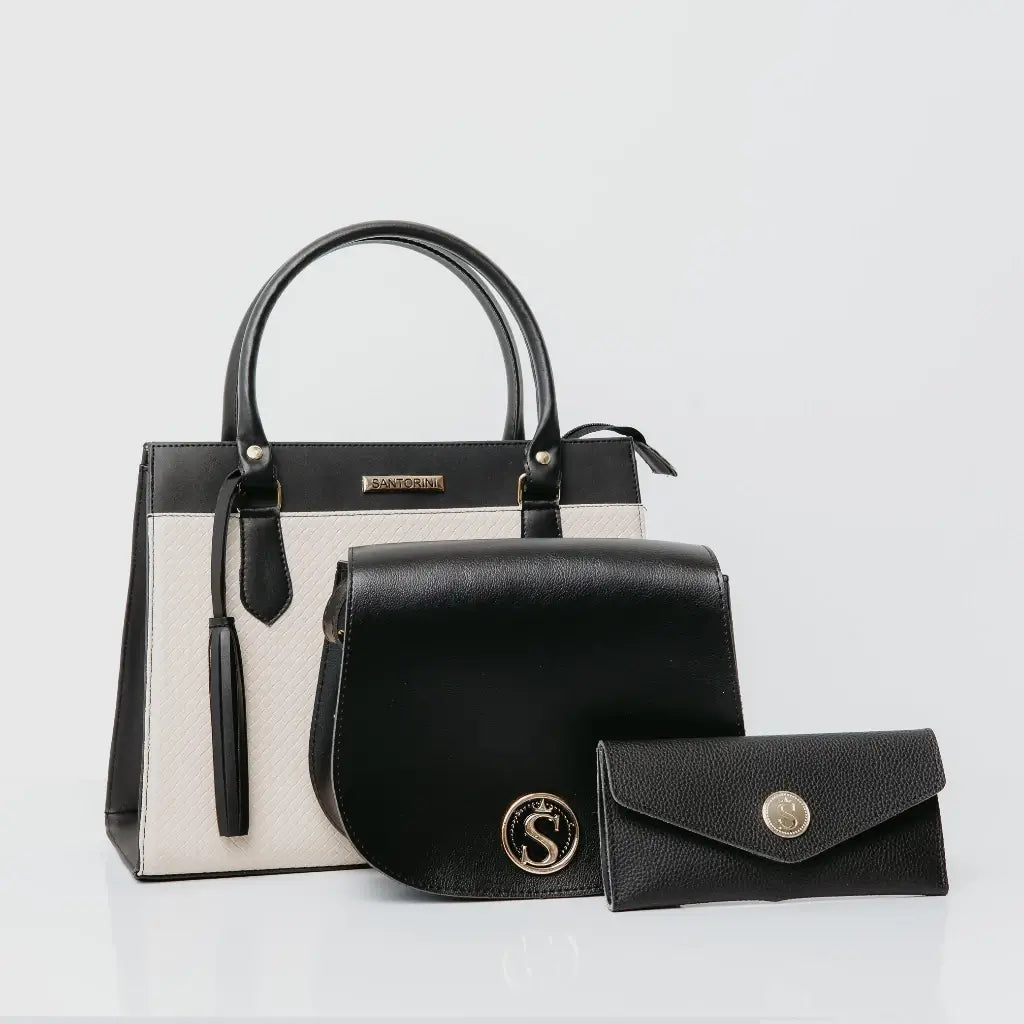 Kit-de-Bolsas-e-Carteira-Femininas-Santorini-Lara-Preto-com-Creme--Estilo-Atual-com-Contraste-elegante