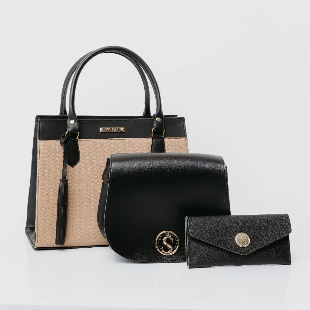 Kit-de-Bolsas-e-Carteira-Femininas-Santorini-Lara-Preto-com-Nude--Combinação-Moderna-com-Estilo-Sofisticado
